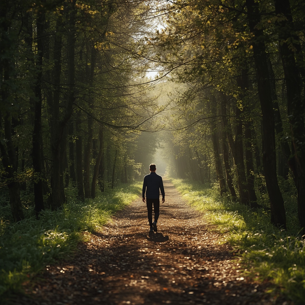 Man walking through a peaceful forest path with sunlight filtering through trees, mental wellness concept, photorealistic